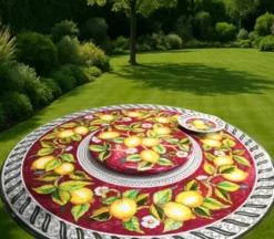 Casa Padrino Luxus Jugendstil Gartentisch Zitronen auf Rot Ø 150 cm - Runder Esstisch aus handbemaltem Lavastein - Gastronomie Möbel - Made in Italy
