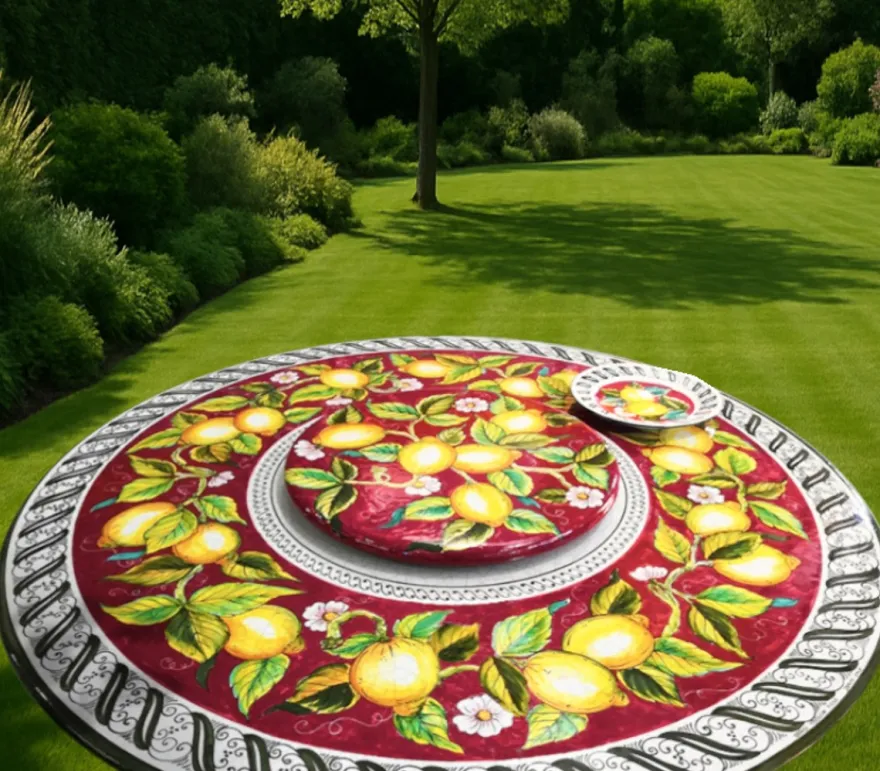 Casa Padrino Luxus Jugendstil Gartentisch Zitronen auf Rot Ø 150 cm - Runder Esstisch aus handbemaltem Lavastein - Gastronomie Möbel - Made in Italy
