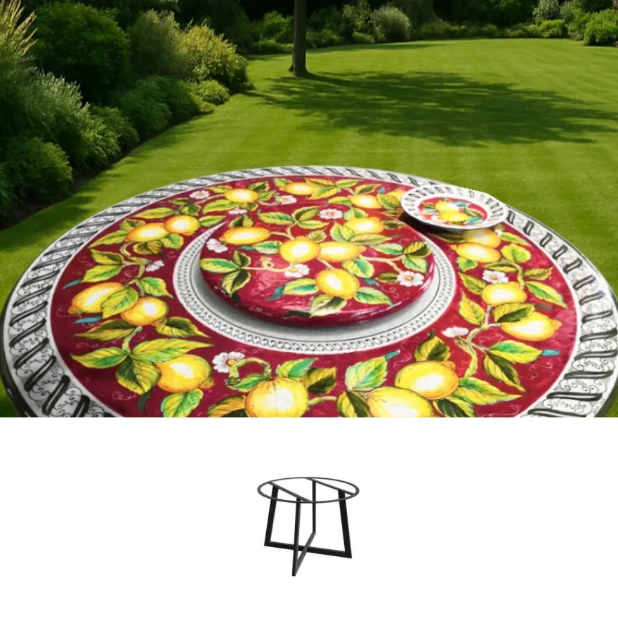 Casa Padrino Luxus Jugendstil Gartentisch Zitronen auf Rot Ø 150 cm - Runder Esstisch aus handbemaltem Lavastein - Gastronomie Möbel - Made in Italy
