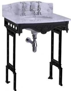 Casa Padrino Luxus Jugendstil Stand Waschtisch Weiß / Schwarz mit Marmorplatte, Höhe 805 mm, Breite 650 mm, Tiefe 575 mm, Höhe bis Spritzschutz 957 mm