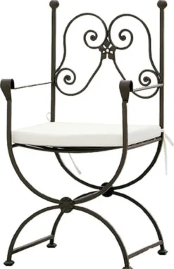 Casa Padrino Luxus Jugendstil Gartenstuhl mit Armlehnen und Sitzkissen Braun / Weiß 60 x 44 x H. 97 cm - Handgeschmiedeter Esszimmer Stuhl - Esszimmer Garten Terrassen Möbel
