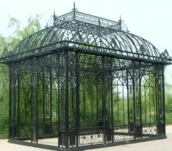 Casa Padrino Luxus Jugendstil Garten Pavillon Schwarz 593 x 379 x H. 520 cm - Eleganter Schmiedeeisen Gartenhaus - Edel & Prunkvoll