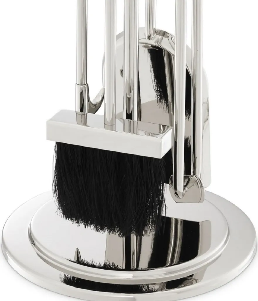 Casa Padrino Luxus Kaminbesteck Set Silber Ø 27,5 x H. 71 cm - 4 teilige Kamingarnitur mit Ständer - Kamin Zubehör