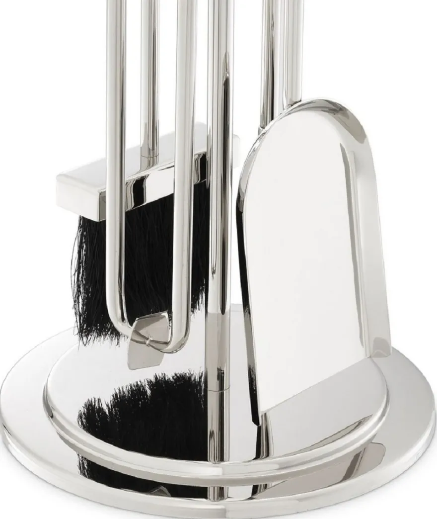 Casa Padrino Luxus Kaminbesteck Set Silber Ø 27,5 x H. 71 cm - 4 teilige Kamingarnitur mit Ständer - Kamin Zubehör