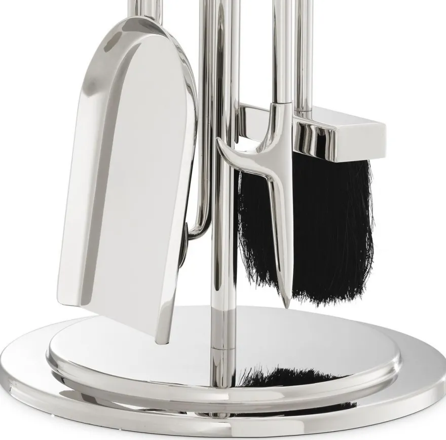 Casa Padrino Luxus Kaminbesteck Set Silber Ø 27,5 x H. 71 cm - 4 teilige Kamingarnitur mit Ständer - Kamin Zubehör
