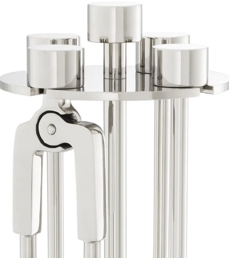 Casa Padrino Luxus Kaminbesteck Set Silber Ø 27,5 x H. 71 cm - 4 teilige Kamingarnitur mit Ständer - Kamin Zubehör
