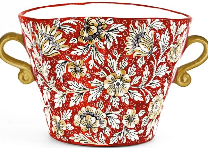 Casa Padrino Luxus Keramik Blumentopf mit 2 Tragegriffen Rot / Mehrfarbig Ø 27 x H. 20 cm - Handgefertigter & handbemalter Keramik Pflanzentopf - Luxus Qualität - Made in Italy