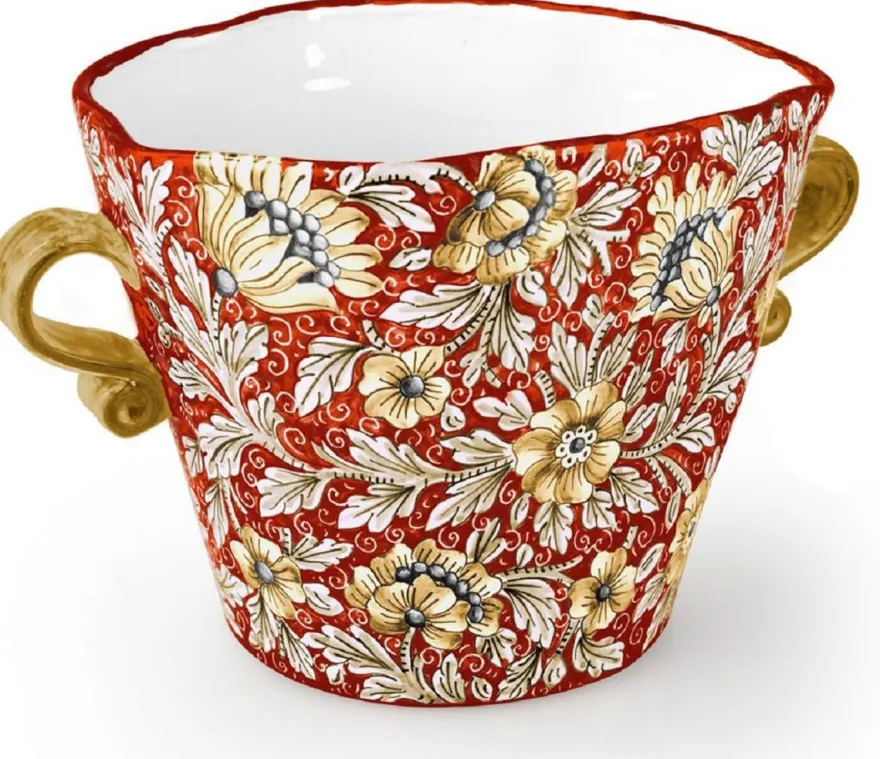 Casa Padrino Luxus Keramik Blumentopf mit 2 Tragegriffen Rot / Mehrfarbig Ø 27 x H. 20 cm - Handgefertigter & handbemalter Keramik Pflanzentopf - Luxus Qualität - Made in Italy