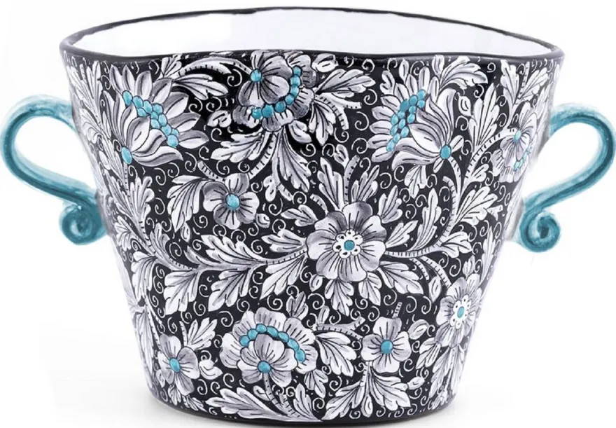 Casa Padrino Luxus Keramik Blumentopf mit 2 Tragegriffen Schwarz / Mehrfarbig Ø 27 x H. 20 cm - Handgefertigter & handbemalter Keramik Pflanzentopf - Luxus Qualität - Made in Italy