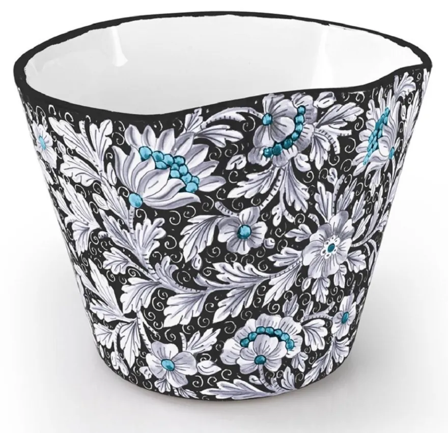 Casa Padrino Luxus Keramik Blumentopf Schwarz / Mehrfarbig Ø 27 x H. 20 cm - Runder handgefertigter & handbemalter Keramik Pflanzentopf - Luxus Qualität - Made in Italy