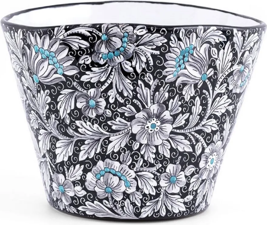 Casa Padrino Luxus Keramik Blumentopf Schwarz / Mehrfarbig Ø 27 x H. 20 cm - Runder handgefertigter & handbemalter Keramik Pflanzentopf - Luxus Qualität - Made in Italy