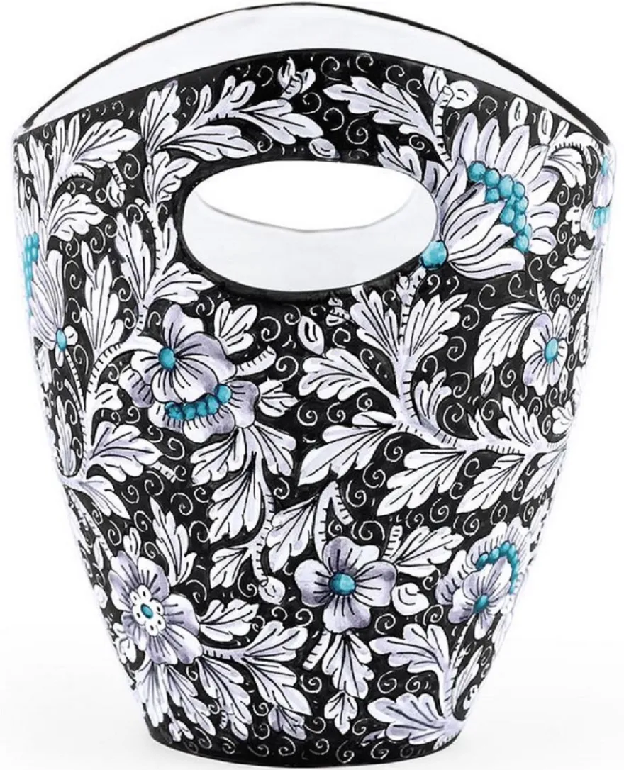 Casa Padrino Luxus Keramik Eiseimer Schwarz / Mehrfarbig Ø 27 x H. 25 cm - Handgefertigter & handbemalter Eiskübel - Weinkühler - Sektkühler - Champagnerkühler - Luxus Qualität - Made in Italy