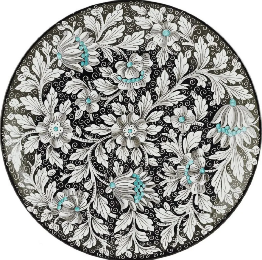 Casa Padrino Luxus Keramik Teller 6er Set Schwarz / Mehrfarbig Ø 40 cm - Handgefertigte & handbemalte Essteller mit Blumendesign - Hotel & Restaurant Accessoires - Luxus Qualität - Made in Italy