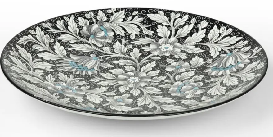 Casa Padrino Luxus Keramik Teller 6er Set Schwarz / Mehrfarbig Ø 40 cm - Handgefertigte & handbemalte Essteller mit Blumendesign - Hotel & Restaurant Accessoires - Luxus Qualität - Made in Italy