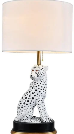 Casa Padrino Luxus Keramik Tischleuchte Puma Katze Weiß / Schwarz / Gold Ø 38 x H. 72 cm - Keramik Schreibtischleuchte mit rundem Lampenschirm - Luxus Keramik Leuchten