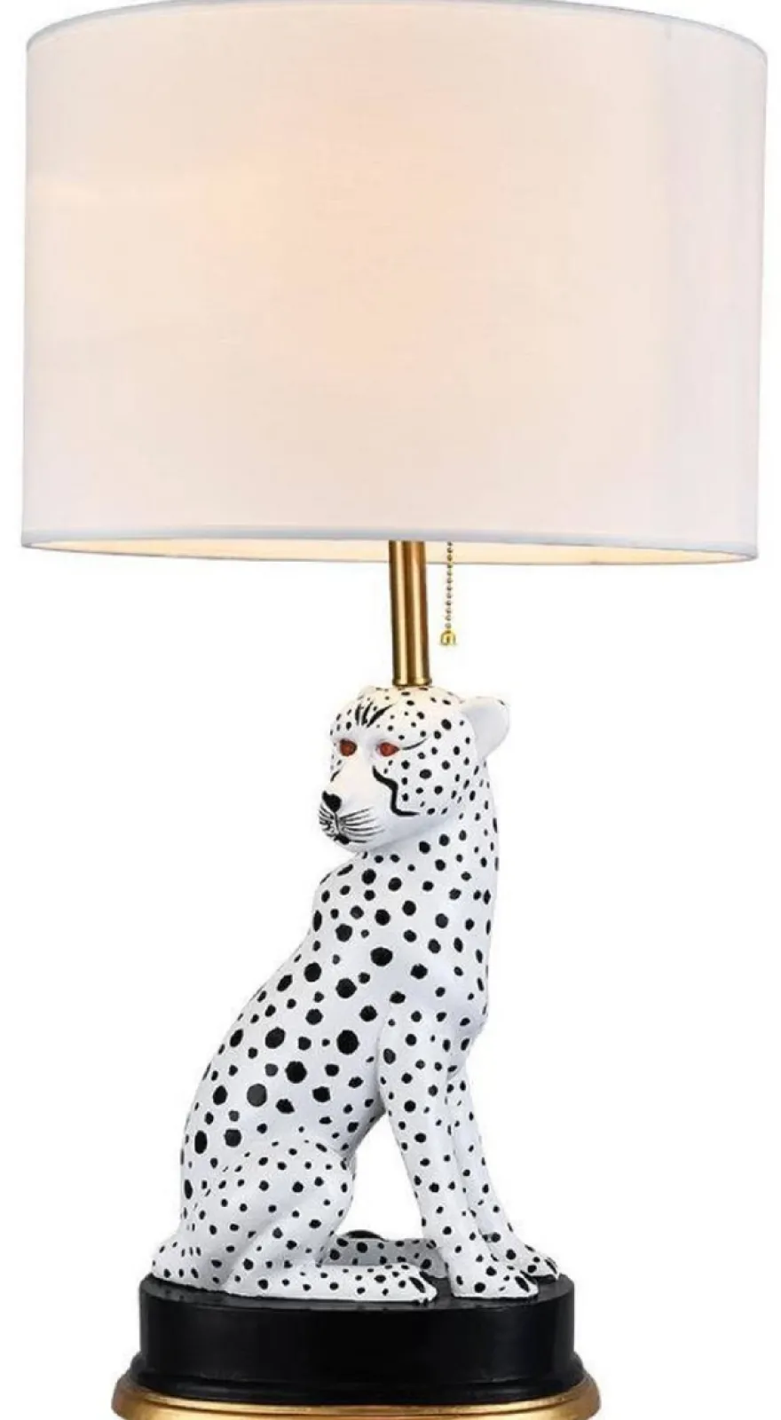 Casa Padrino Luxus Keramik Tischleuchte Puma Katze Weiß / Schwarz / Gold Ø 38 x H. 72 cm - Keramik Schreibtischleuchte mit rundem Lampenschirm - Luxus Keramik Leuchten