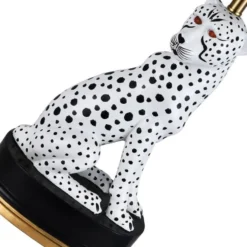 Casa Padrino Luxus Keramik Tischleuchte Puma Katze Weiß / Schwarz / Gold Ø 38 x H. 72 cm - Keramik Schreibtischleuchte mit rundem Lampenschirm - Luxus Keramik Leuchten