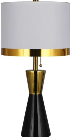 Casa Padrino Luxus Keramik Tischleuchte Schwarz / Gold / Weiß Ø 30 x H. 60 cm - Runde Keramik Schreibtischleuchte mit Lampenschirm - Luxus Keramik Leuchten