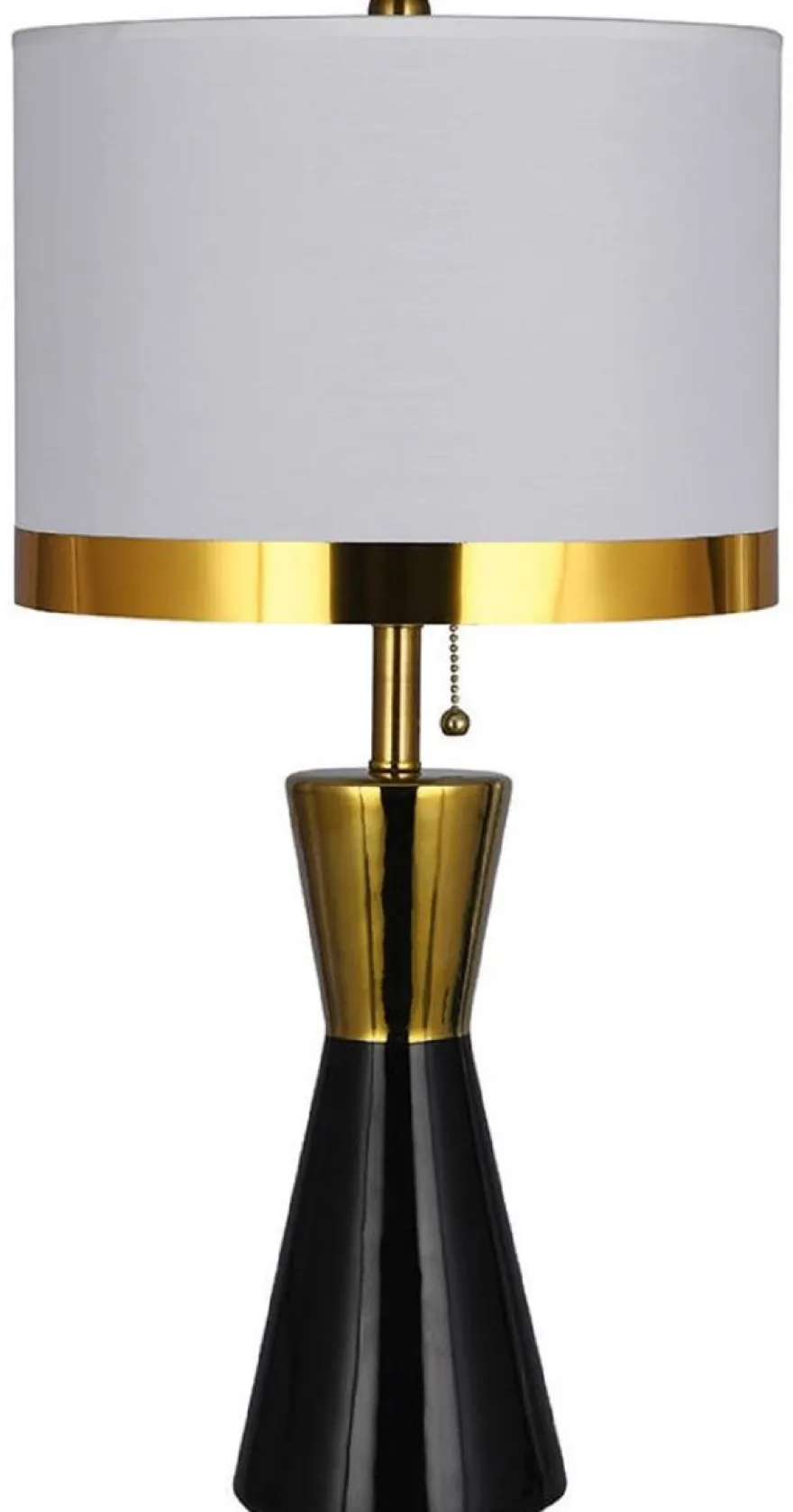 Casa Padrino Luxus Keramik Tischleuchte Schwarz / Gold / Weiß Ø 30 x H. 60 cm - Runde Keramik Schreibtischleuchte mit Lampenschirm - Luxus Keramik Leuchten