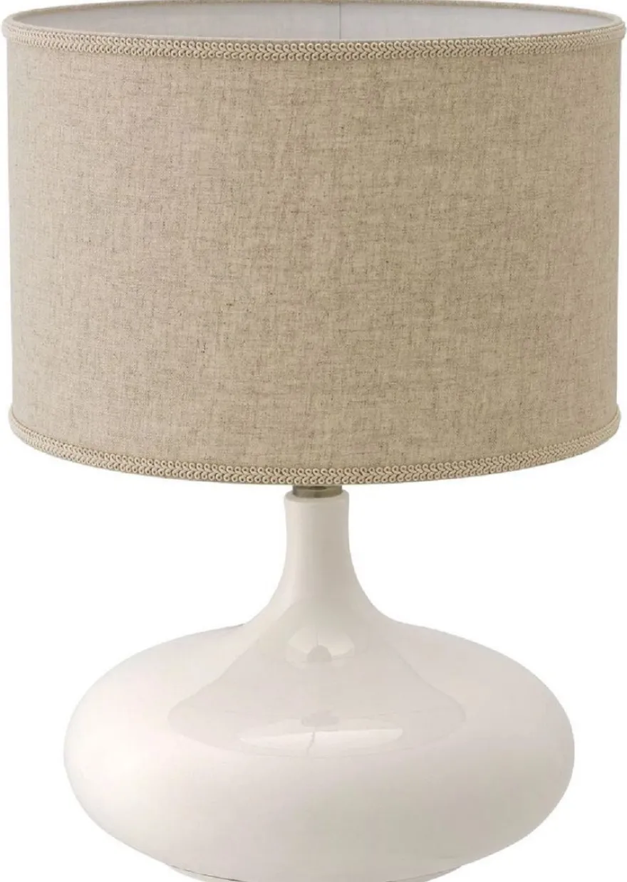 Casa Padrino Luxus Keramik Tischleuchte Weiß / Antik Messingfarben / Beige Ø 46 x H. 64,5 cm - Moderne Tischlampe mit Lampenschirm - Luxus Kollektion