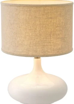 Casa Padrino Luxus Keramik Tischleuchte Weiß / Antik Messingfarben / Beige Ø 46 x H. 64,5 cm - Moderne Tischlampe mit Lampenschirm - Luxus Kollektion