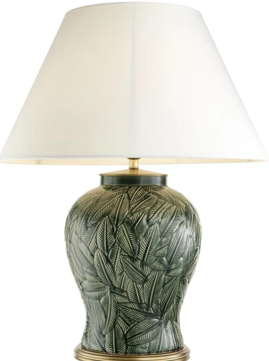 Casa Padrino Luxus Keramik Tischlampe Grün / Antik Messing - Wohnzimmermöbel