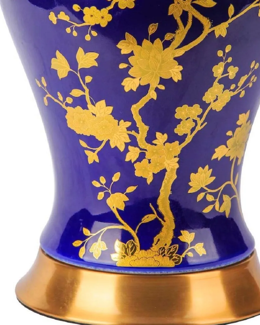 Casa Padrino Luxus Keramik Tischleuchte Blau / Gold / Weiß Ø 42 x H. 72 cm - Runde Keramik Schreibtischleuchte mit Lampenschirm - Luxus Keramik Leuchten