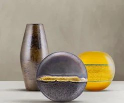 Casa Padrino Luxus Keramik Vase Gelb / Blau / Schwarz Ø 30 x H. 26 cm - Runde handgefertigte & handbemalte Blumenvase - Deko Accessoires - Luxus Qualität - Made in Italy