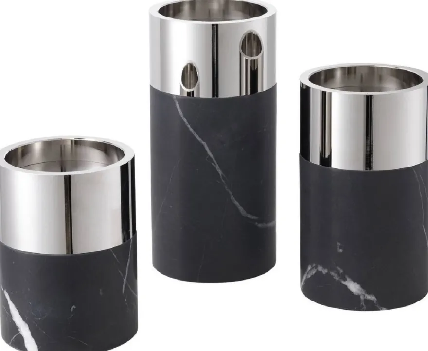 Casa Padrino Luxus Kerzenhalter Set Schwarz / Silber - 3 runde Marmor Kerzenhalter - Luxus Qualität - Deko Accessoires