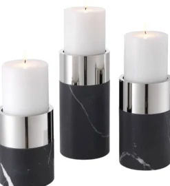 Casa Padrino Luxus Kerzenhalter Set Schwarz / Silber - 3 runde Marmor Kerzenhalter - Luxus Qualität - Deko Accessoires