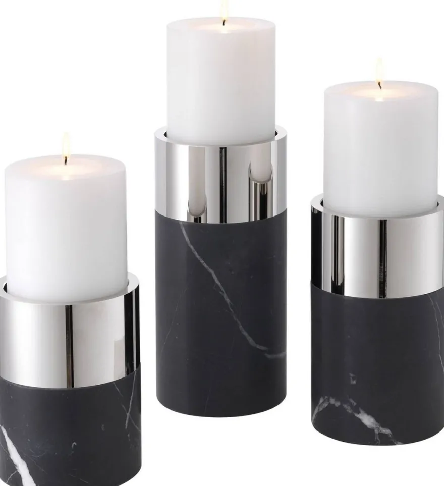 Casa Padrino Luxus Kerzenhalter Set Schwarz / Silber - 3 runde Marmor Kerzenhalter - Luxus Qualität - Deko Accessoires