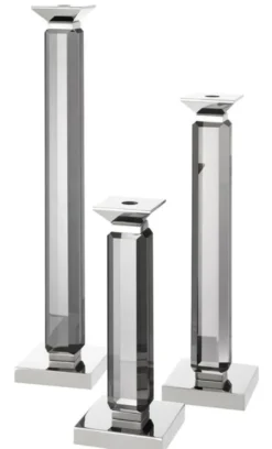 Casa Padrino Luxus Kerzenhalter 3er Set - Kristallglas Metall Grau / Silber - 12 x 12 x H. 30/43/57 cm