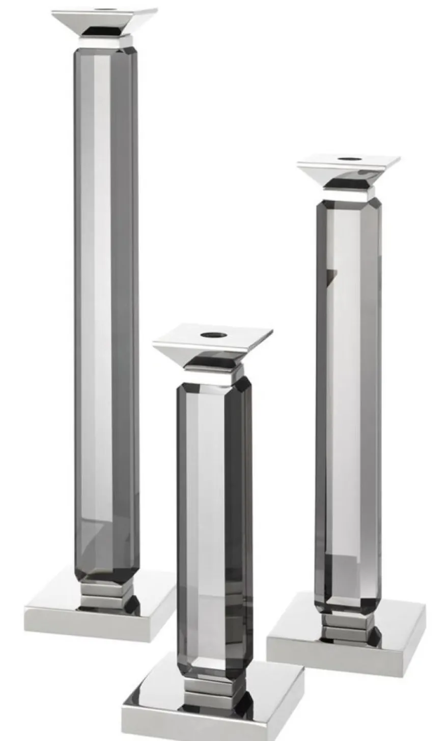 Casa Padrino Luxus Kerzenhalter 3er Set - Kristallglas Metall Grau / Silber - 12 x 12 x H. 30/43/57 cm