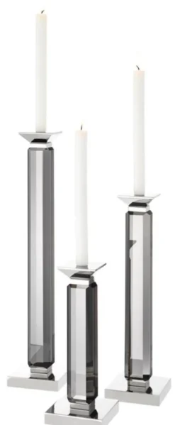 Casa Padrino Luxus Kerzenhalter 3er Set - Kristallglas Metall Grau / Silber - 12 x 12 x H. 30/43/57 cm
