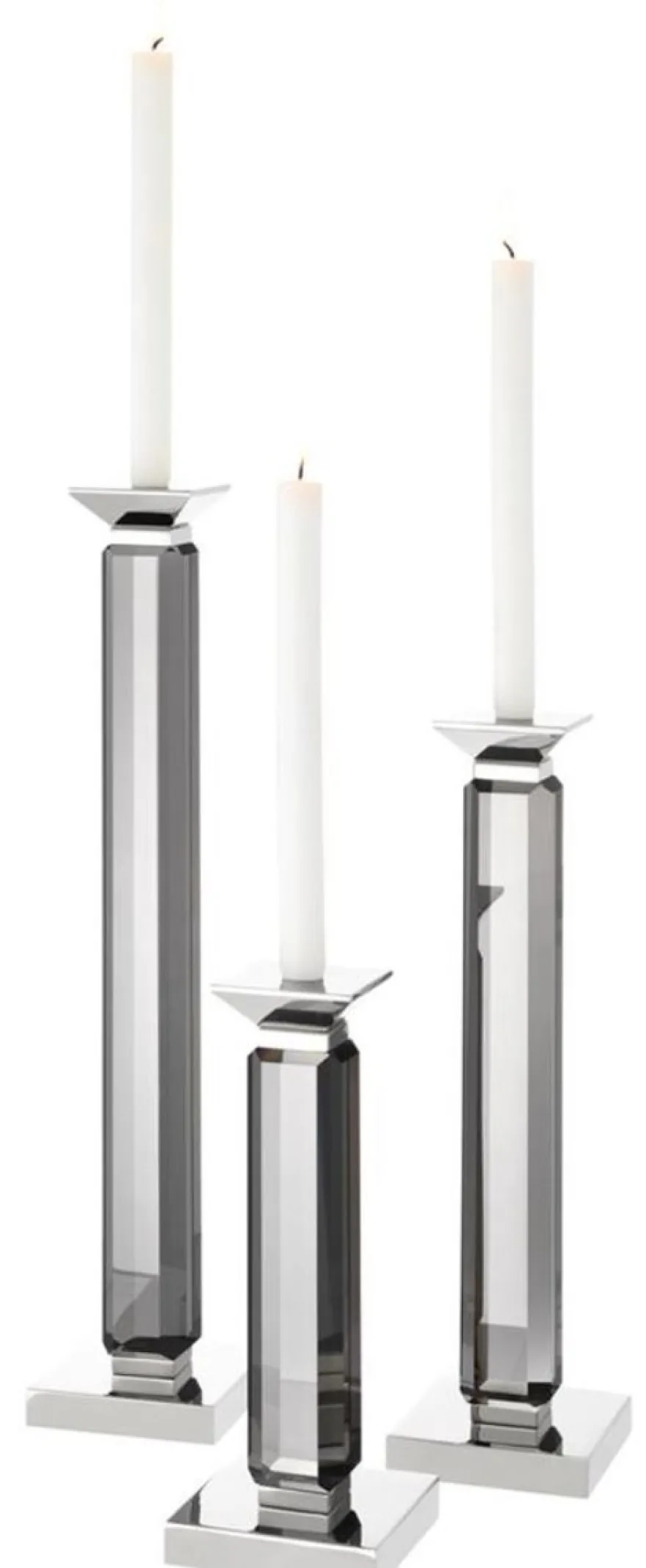 Casa Padrino Luxus Kerzenhalter 3er Set - Kristallglas Metall Grau / Silber - 12 x 12 x H. 30/43/57 cm