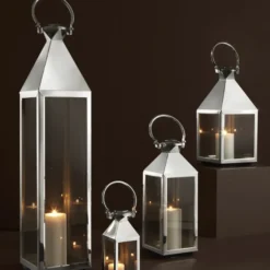 Casa Padrino Luxus Kerzenleuchter Silber 24 x 24 x H. 114 cm - Edelstahl Laterne mit Tragegriff - Gastronomie Accessoires - Restaurant Accessoires - Hotel Accessoires - Deko Accessoires