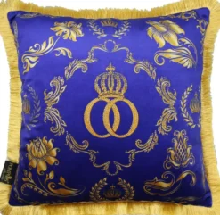 Casa Padrino Luxus Kissen Harald Glööckler Pompöös Blau / Gold mit Krone und Strass Steinen 50 x 50 cm