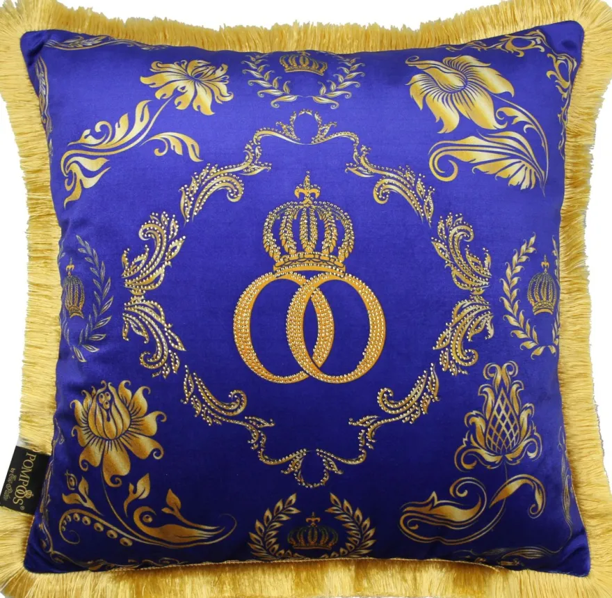 Casa Padrino Luxus Kissen Harald Glööckler Pompöös Blau / Gold mit Krone und Strass Steinen 50 x 50 cm