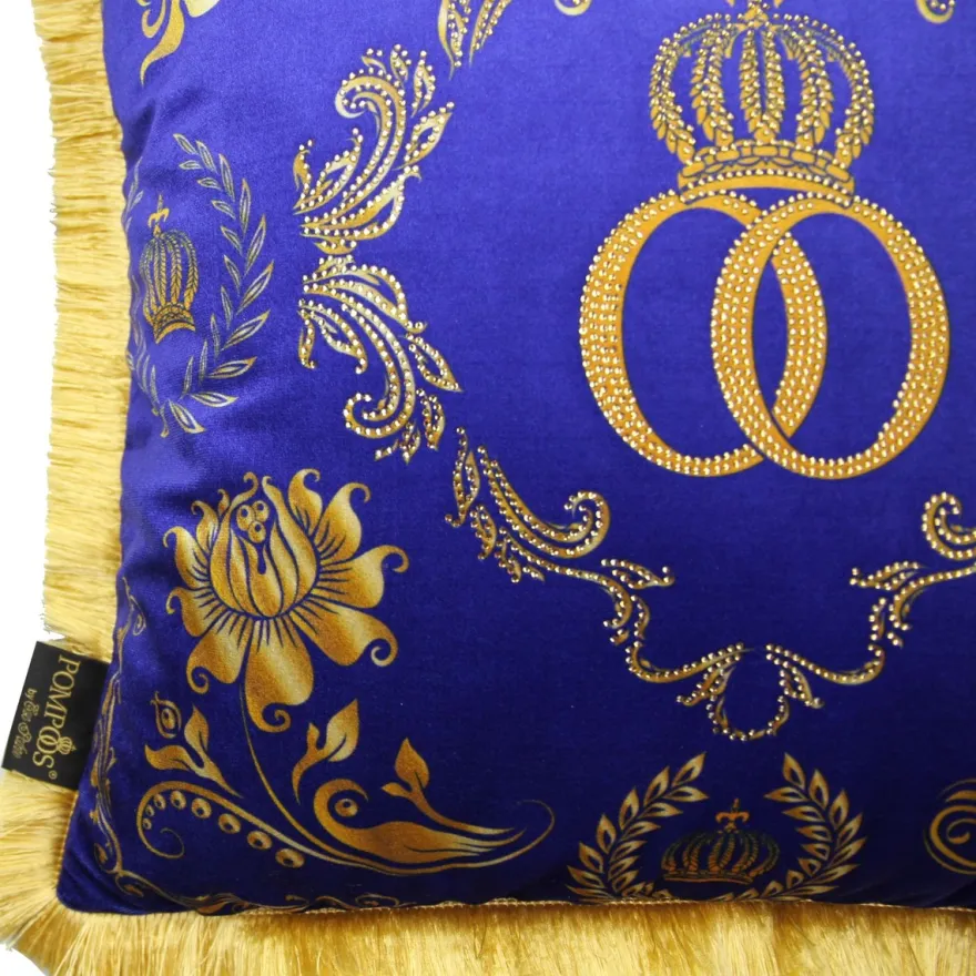 Casa Padrino Luxus Kissen Harald Glööckler Pompöös Blau / Gold mit Krone und Strass Steinen 50 x 50 cm