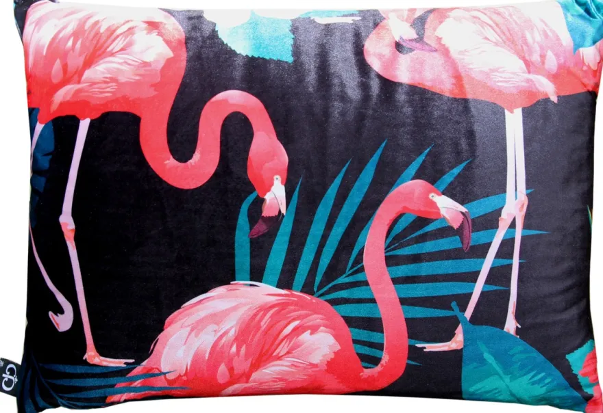 Casa Padrino Luxus Kissen Malibu Flamingos Schwarz / Mehrfarbig 35 x 55 cm - Feinster Samtstoff - Deko Wohnzimmer Kissen