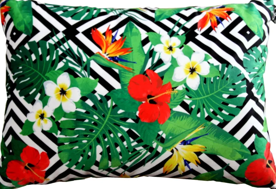 Casa Padrino Luxus Kissen Miami Flowers Schwarz / Weiß / Mehrfarbig 35 x 55 cm - Feinster Samtstoff - Wohnzimmer Deko Zierkissen