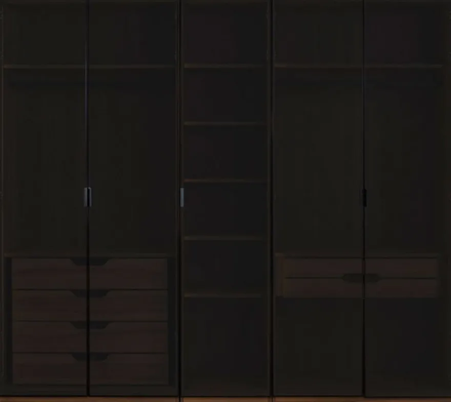 Casa Padrino Luxus Kleiderschrank Braun / Schwarz 250 x H. 220 cm - Massivholz Schlafzimmerschrank mit 5 Glastüren und LED Beleuchtung - Schlafzimmer Möbel - Hotel Möbel - Luxus Möbel