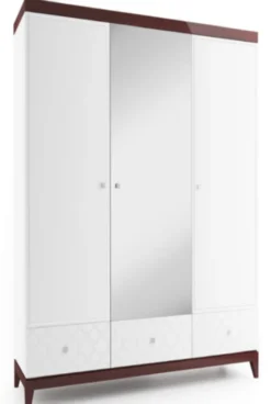 Casa Padrino Luxus Kleiderschrank Weiß / Hochglanz Braun 171,4 x 60 x H. 205 cm - Massivholz Schlafzimmerschrank mit Spiegel - Schlafzimmermöbel