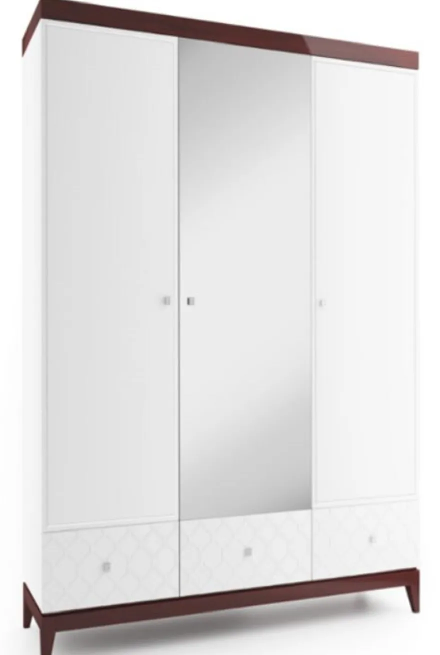 Casa Padrino Luxus Kleiderschrank Weiß / Hochglanz Braun 171,4 x 60 x H. 205 cm - Massivholz Schlafzimmerschrank mit Spiegel - Schlafzimmermöbel