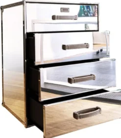 Casa Padrino Luxus Kommode im Koffer Design Silber 52 x 43 x H. 75 cm - Handgefertigte verspiegelte Aluminium Kommode mit 4 Schubladen und Rollen - Wohnzimmer & Büro Möbel