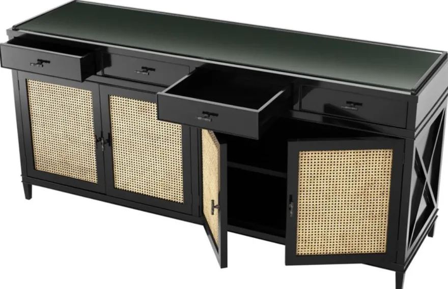 Casa Padrino Luxus Kommode Schwarz / Naturfarben 200 x 56 x H. 92,5 cm - Limited Edition
