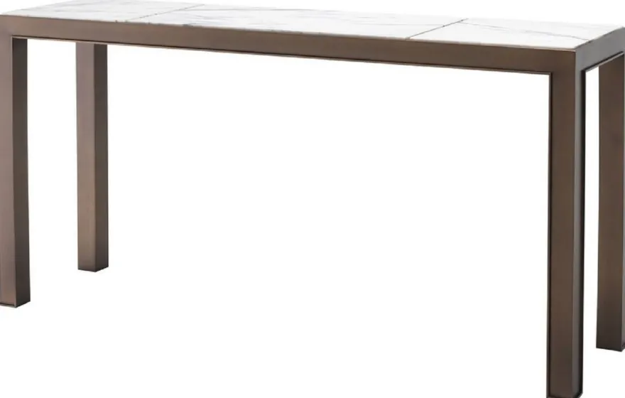 Casa Padrino Luxus Konsole Antik Messingfarben / Weiß / Lila 150 x 40 x H. 76,5 cm - Edelstahl Konsolentisch mit Marmorplatten - Luxus Wohnzimmer Möbel