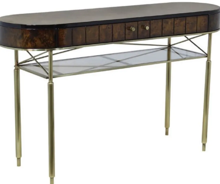 Casa Padrino Luxus Konsole Braun / Gold / Grau 140 x 40 x H. 85 cm - Ovaler Konsolentisch - Luxus Möbel - Wohnzimmer Möbel - Luxus Einrichtung - Wohnzimmer Einrichtung