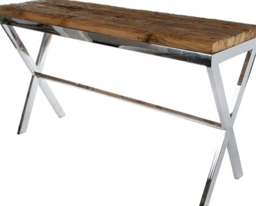 Casa Padrino Luxus Konsole Braun / Silber 140 x 40 x H. 80 cm - Konsolentisch mit rustikaler Oberfläche und zusätzlicher Glasplatte