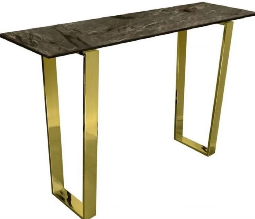 Casa Padrino Luxus Konsole Braun / Gold 122 x 36 x H. 76 cm - Moderner Konsolentisch mit synthetischer Marmorplatte und Stahlbeinen - Wohnzimmer Möbel